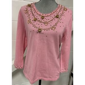 Jack B. Quick Vintage Embellished Dangling Heart Love Sweater Womens Medium NEW